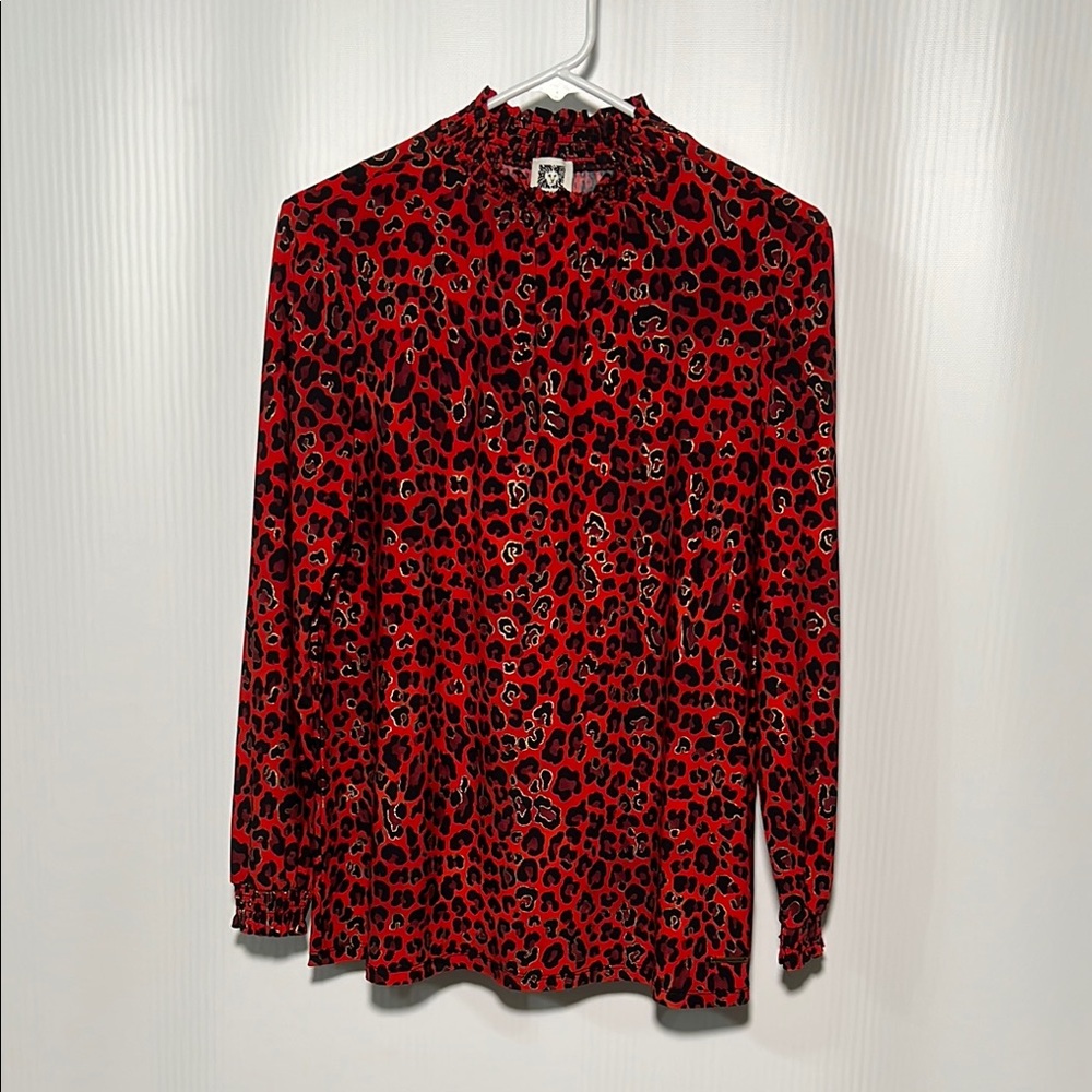 Anne Klein Red Leopard Print Women's Long Sleeve Mock Turtleneck Top